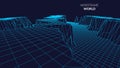 Wireframe Landscape mountain Background. Futuristic Landscape with line Grid. Low Poly 3D Wireframe Mapping. Network