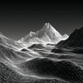 Wireframe landscape with mountains under a grayscale sky rendering Royalty Free Stock Photo