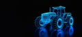 Wireframe of a large tractor made of blue lines with glowing lights isolated on a dark background. Perspective view
