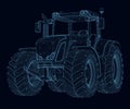 Wireframe of a large tractor made of blue lines with glowing lights isolated on a dark background. Perspective view. 3D