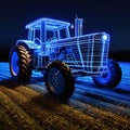 Wireframe of a large tractor made of blue lines with glowing lights isolated on a dark Perspective