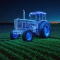 Wireframe of a large tractor made of blue lines with glowing lights isolated on a dark Perspective