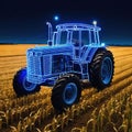 Wireframe of a large tractor made of blue lines with glowing lights isolated on a dark Perspective