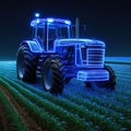 Wireframe of a large tractor made of blue lines with glowing lights isolated on a dark Perspective