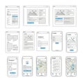 Wireframe layouts for mobile and web interfaces, isolated on white background Royalty Free Stock Photo