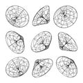 Wireframe lined shapes. Perspective mesh, 3d grid. Low poly geometric elements. Retro futuristic design elements, y2k