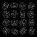 Wireframe lined shapes. Perspective mesh, 3d grid. Low poly geometric elements. Retro futuristic design elements, y2k