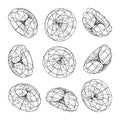 Wireframe lined shapes. Perspective mesh, 3d grid. Low poly geometric elements. Retro futuristic design elements, y2k