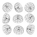 Wireframe lined shapes. Perspective mesh, 3d grid. Low poly geometric elements. Retro futuristic design elements, y2k