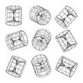 Wireframe lined shapes. Perspective mesh, 3d grid. Low poly geometric elements. Retro futuristic design elements, y2k