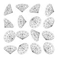 Wireframe lined shapes. Perspective mesh, 3d grid. Low poly geometric elements. Retro futuristic design elements, y2k