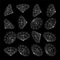 Wireframe lined shapes. Perspective mesh, 3d grid. Low poly geometric elements. Retro futuristic design elements, y2k