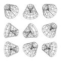 Wireframe lined shapes. Perspective mesh, 3d grid. Low poly geometric elements. Retro futuristic design elements, y2k