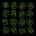 Wireframe lined shapes. Perspective mesh, 3d grid. Low poly geometric elements. Retro futuristic design elements, y2k