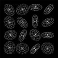 Wireframe lined shapes. Perspective mesh, 3d grid. Low poly geometric elements. Retro futuristic design elements, y2k