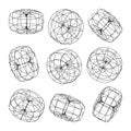 Wireframe lined shapes. Perspective mesh, 3d grid. Low poly geometric elements. Retro futuristic design elements, y2k