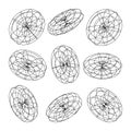 Wireframe lined shapes. Perspective mesh, 3d grid. Low poly geometric elements. Retro futuristic design elements, y2k