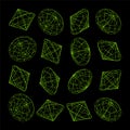 Wireframe lined shapes. Perspective mesh, 3d grid. Low poly geometric elements. Retro futuristic design elements, y2k