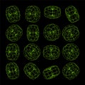 Wireframe lined shapes. Perspective mesh, 3d grid. Low poly geometric elements. Retro futuristic design elements, y2k