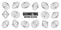Wireframe lined shapes. Perspective mesh, 3d grid. Low poly geometric elements. Retro futuristic design elements, y2k