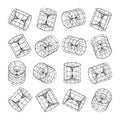 Wireframe lined shapes. Perspective mesh, 3d grid. Low poly geometric elements. Retro futuristic design elements, y2k