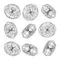 Wireframe lined shapes. Perspective mesh, 3d grid. Low poly geometric elements. Retro futuristic design elements, y2k