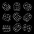 Wireframe lined shapes. Perspective mesh, 3d grid. Low poly geometric elements. Retro futuristic design elements, y2k