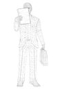 Wireframe of a man in a jacket reads a document, a suitcase in his hand isolated on a white background. 3D. Vector Royalty Free Stock Photo