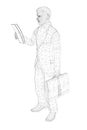 Wireframe of a man in a jacket reads a document, a suitcase in his hand isolated on a white background. 3D. Vector Royalty Free Stock Photo