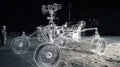 A wireframe model of a lunar rover is displayed against a dark, lunar-like surface