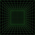 Wireframe perspective cube. 3d wireframe grid room. 3d perspective laser grid. Cyberspace black background with green Royalty Free Stock Photo