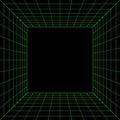 Wireframe perspective cube. 3d wireframe grid room. 3d perspective laser grid. Cyberspace black background with green Royalty Free Stock Photo