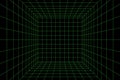 Wireframe perspective cube. 3d wireframe grid room. 3d perspective laser grid. Cyberspace black background with green Royalty Free Stock Photo