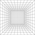 Wireframe perspective cube. 3d wireframe grid room. 3d perspective laser grid. Cyberspace white background with black