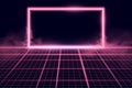 Wireframe perspective grid with glowing neon frame. Abstract retro background. Vector illustration Royalty Free Stock Photo