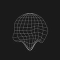 Wireframe planet icon in old cyberpunk style with liquid, glitch effect. Retrofuturistic design element. Cyber planet