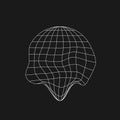 Wireframe planet icon in old cyberpunk style with liquid, glitch effect. Retrofuturistic design element. Cyber planet