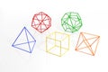 Wireframe of platonic solids. Tetrahedron, hexahedron, octahedron, dodecahedron and icosahedron of different colors isolated on a