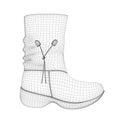 Wireframe of a polygonal female boot made of black lines, isolated on a white background. Side view. 3D. Vector