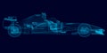 Wireframe of a polygonal racing car of blue lines on a dark background. 3D. Side view. Vector illustration Royalty Free Stock Photo