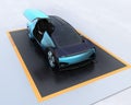 Wireframe rendering of electric car on metal checker plate. Right door opened