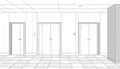 Wireframe rendering of a hallway with three elevator doors, tile Royalty Free Stock Photo