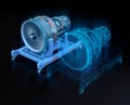 Wireframe rendering of turbojet engine and mirrored physical body on black background