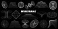 Wireframe retro futuristic abstract shapes. Vector set of geometrical 3d spheres, perspective grids