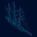 Wireframe of a sailing ship of blue lines with luminous lights on a dark background. View isometric. Vector illustration Royalty Free Stock Photo