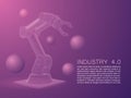 Wireframe stylized automated robot arm. Smart automated robotic arms. Modern logistics center in ultra violet colors