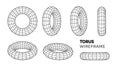 Wireframe torus set. 3d geometric forms. Outline isolated model. Vector isometric shapes
