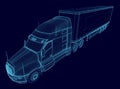 Wireframe of a truck with a wagon from blue lines isolated on a dark background. Perspective view. 3D. Vector Royalty Free Stock Photo