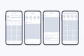 Wireframes of social network pages on smartphone screen. Mockup. Profile page. Frames for photo. Vector illustration.