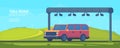 Wireless automated toll collection gate on highway. Checkpoint on the toll road. Web banner. Vector flat illustration.